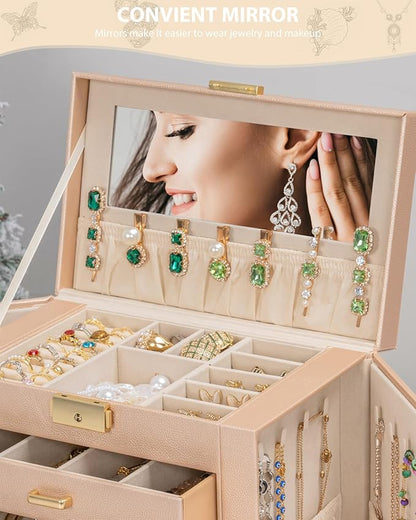 AKOZLIN Large 4-Tier Jewelry Box Leather Jewelry Storage Organizer with 3 Drawers Lockable for Women Girls Ring Necklace Earring Bracelet Watches Holder with Mirror Champagne
