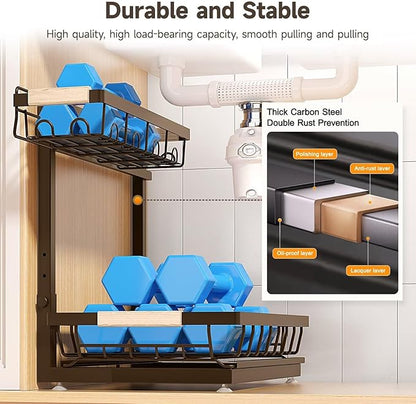 Sevenblue 2 Packs Under Sink Organizer, Height Adjustable 2 Tier Under Kitchen Sink Organizer, Multi-Purpose Storage Shelf for Kitchen Bathroom Cabinet (Brown, Extra Large)