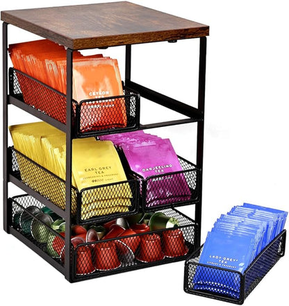 Tea Bag Organizer with 5 Drawers, Wooden & Metal Tea Storage Organizer for TeaBags, Coffee Pods, Creamers & Sugar – Countertop Tea Bag Holder for Coffee Bar and Kitchen, Space-Saving Tea Storage Rack