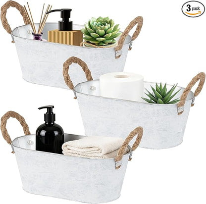 3 Packs Rustic Metal Storage Basket for Toilet Tank Top Bathroom Decoration Toilet Paper Organizing Bin Box with Handle