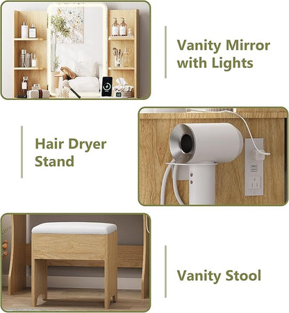 Small Vanity Desk with Mirror and Lights, Makeup Vanity with LED Lighted Mirror, Fluted Vanity with Lights Desk and Chair, 3 Lighting Adjustable Dressing Table with Charging Station for Women,Girls