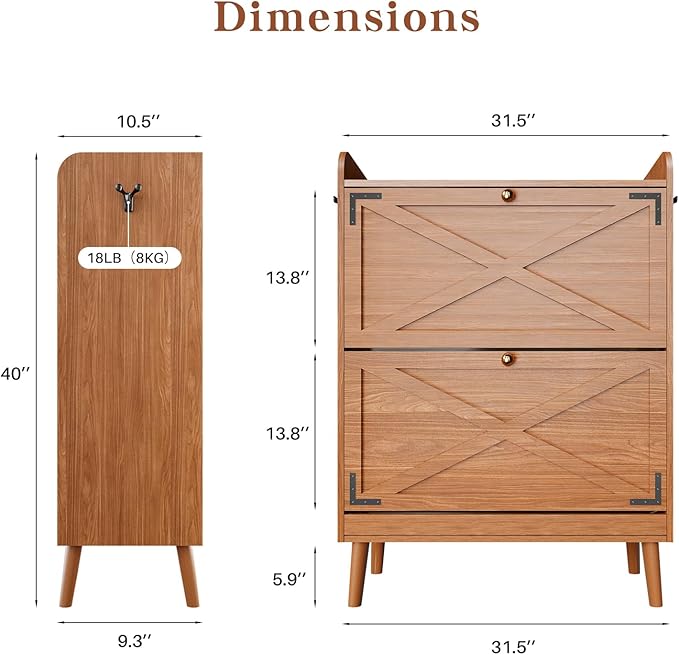 Shoe Storage Cabinet with 2 Flip Drawers & Adjustable Shelves,Narrow Shoe Cabinet Storage with Doors Side Hooks Wooden Shoe Rack Cabinet for Entryway,Hallway,Rustic Walnut