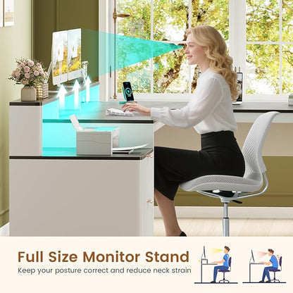 SEDETA 66" Modern L Shaped Desk with Drawers, Fluted Home Office Desk with File Cabinet and Printer Shelf, Wood Executive Desk with Monitor Stand, Led Lights, Power Outlets, White