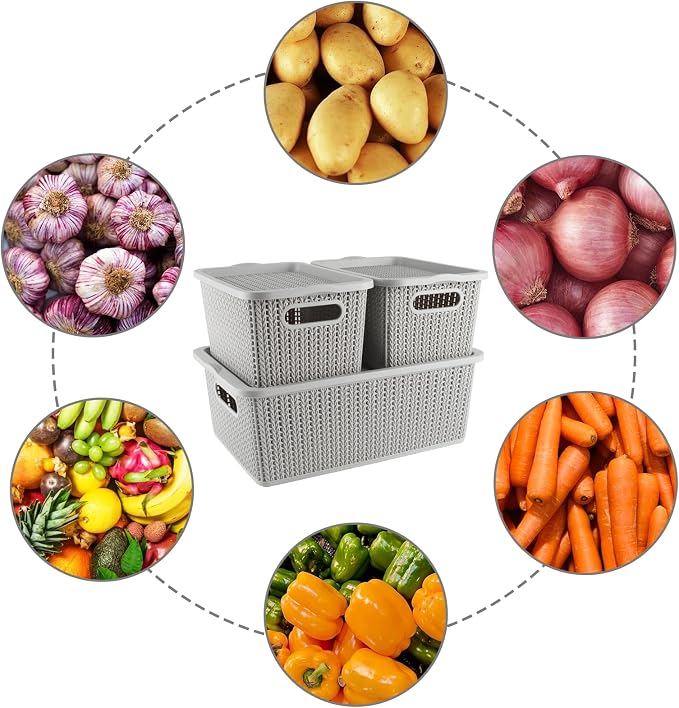 Onion and Potato Storage Bins,Stackable Plastic Pantry Bins with Lids,BPA-Free,Potatos and Onions Storage Baskets for Kitchen (Gray-3 Pack)