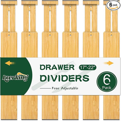 Lzerking Kitchen Drawer Dividers 6 Pack, 17-22" Adjustable Bamboo Drawer Organizers Large, Spring Loaded, Expandable Utensil Organizer, Works in Kitchen, Dresser, Closet, Bathroom, Bedroom
