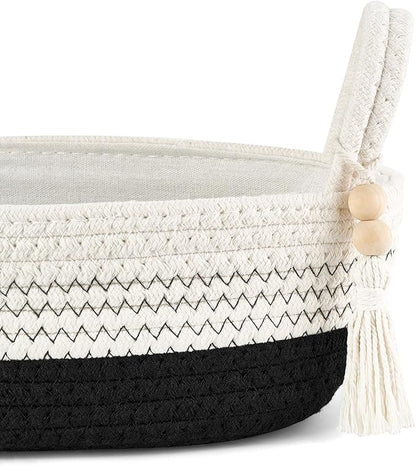 Mkono Small Storage Basket for Toilet Tank Top Boho Bathroom Decor Woven Rope Toilet Paper Tray Organizer for Shelf Bedroom Living Room, Black and White, 1 Pack, 13" L x 6" W