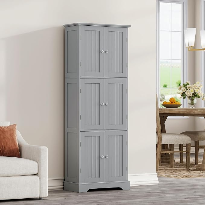 ChooChoo Tall Bathroom Storage Cabinet with 6 Doors, Freestanding Floor Cabinet with Adjustable Shelves, Grey Pantry Cabinet for Bathroom, Kitchen, Laundry Room
