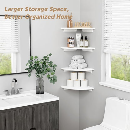 Forbena Corner White Floating Book Shelves for Wall Set of 4, Wood Nursery Corner Bookshelf for Kids Bedroom, Large Modern Round Wall Bookshelves for Living Room Decor, Indoor Plants, Bathroom