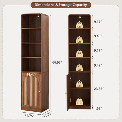 67" Tall Slim Bathroom Storage Cabinet, Narrow Bathroom Towel Cabinet with Arched Door and Adjustable Shelves, Mid Century Modern Laundry Room Organization for Small Space, Kitchen, Living Room,Walnut