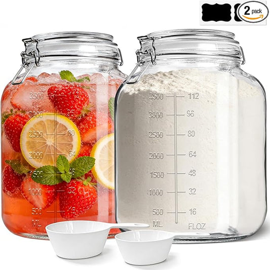 1.1 Gallon Wide Mouth Glass Canisters with Airtight Lids & Measurement Marks (2-Pack) – Includes 2 Measuring Scoops & Labels, Food Storage Jars for Flour, Sugar & Baking Supplies | BPA-Free