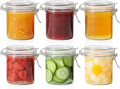 ComSaf 8oz Glass Jars with Airtight Lids (Set of 6), Cylindrical Jelly & Spice Jars for Pantry Organization, 240ml Small Canisters with Wire Clamp for Sourdough Discard, Jam, Honey & More