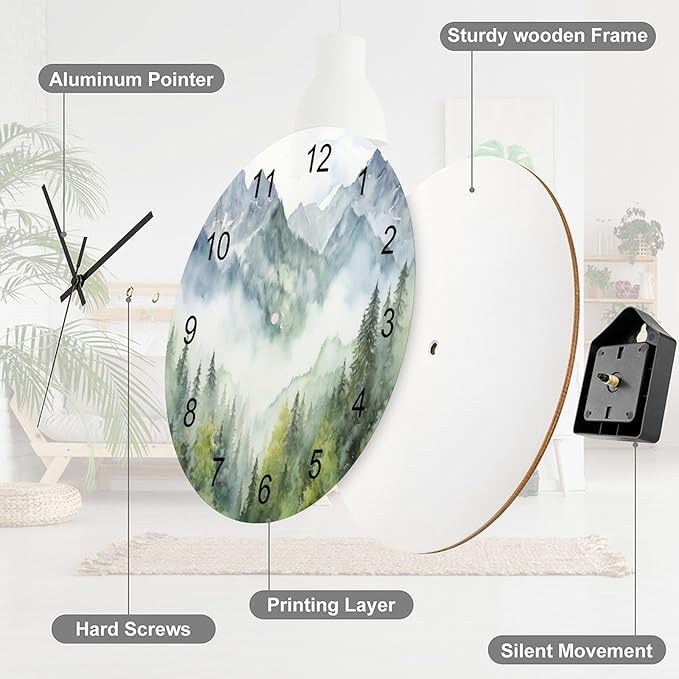 Forest Wall Clock 12 Inch Silent Non Ticking Clock Wooden, Watercolor Style Nature Woodland Green Forest Mountain Plant Wall Clock Battery Operated Kitchen Bedroom Living Room Decor