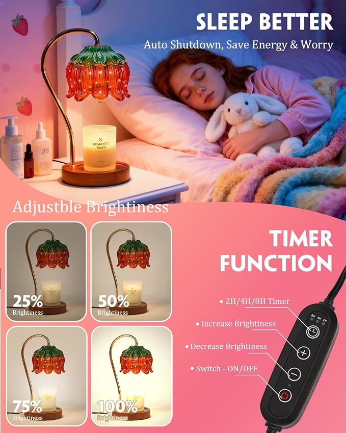 Funistree Flower Candle Warmer Lamp with Timer, Dimmable Candle Lamp Warmer, Christmas Birthday Gifts for Women Mom Her, Housewarming Home Decor, Lotus Wax Warmer for Yankee Candles - Strawberry