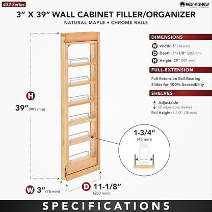 Rev-A-Shelf 3" W x 39" H Pull Out Quad Shelf Organizer for Wall & Base Kitchen Cabinets, Full Extension Filler Spice Rack, Adjustable, Wood, 432-WF39-3C