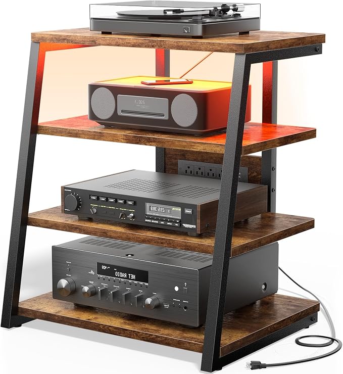 AV Media Stand with Outlets, Stereo Stands and Racks with Vinyl Storage, Stereo Stand with Record Storage, Audio Stereo Rack Cabinet, Turntable Console Stand with LED lights, 4 Tiers, Rustic Brown