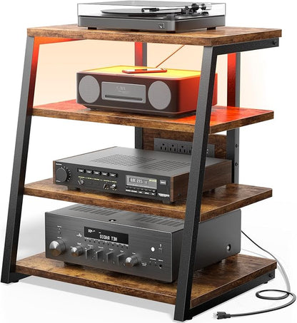AV Media Stand with Outlets, Stereo Stands and Racks with Vinyl Storage, Stereo Stand with Record Storage, Audio Stereo Rack Cabinet, Turntable Console Stand with LED lights, 4 Tiers, Rustic Brown