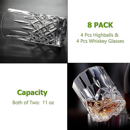 Qipecedm Drinking Glasses, 8 Piece Crystal Glass Cups, Mixed Glassware Set, 4 pcs Crystal Old Fashioned 11oz Highballs and 4 pcs 11oz Whiskey Glasses, Great for Cocktail, Whisky and other Beverages