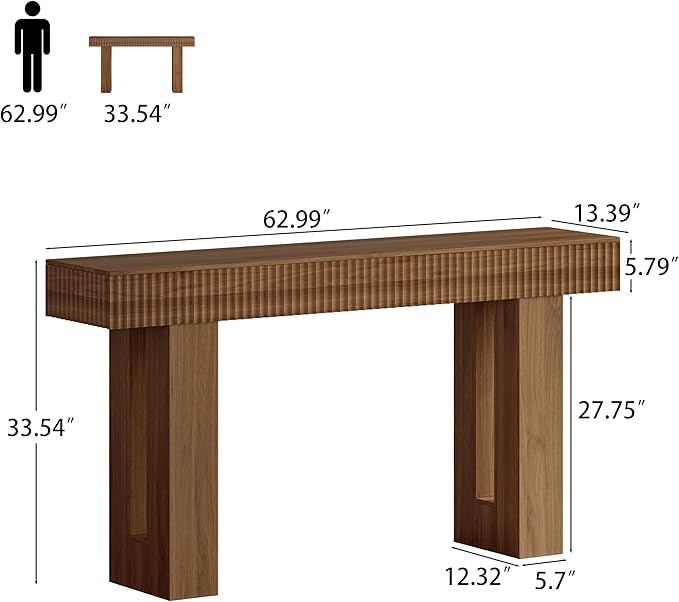 63-Inch Long Entryway Console Table with a Fluted Design, Thick Wood Farmhouse Sofa Table Behind Couch, Narrow Hallway Accent Table for Living Room, Foyer, Entrance,Modern Walnut