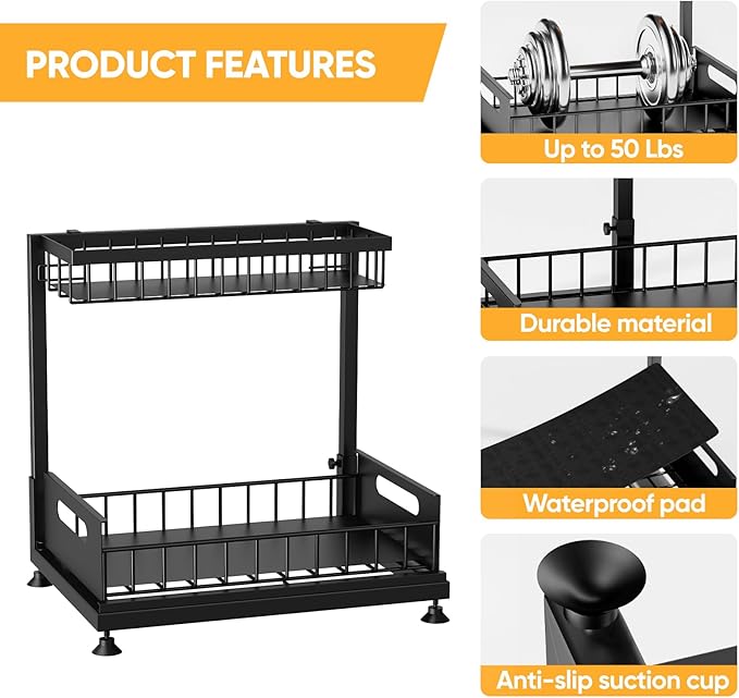 Under Sink Organizer Storage 2-Tier Premium Metal Pull-Out Kitchen Cabinet Organizer with Sliding Drawer, Height Adjustable, Heavy Duty for Kitchen & Bathroom Organizers 1 Pack Black