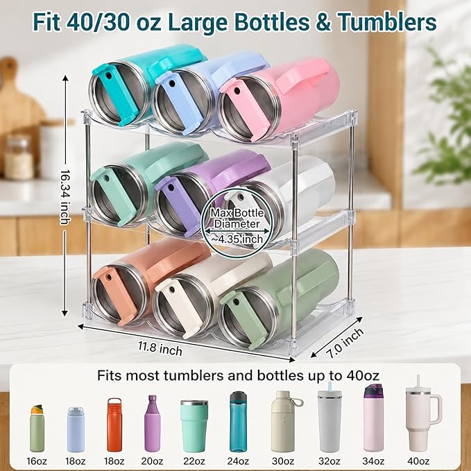 Stackable Water Bottle Organizer for Stanley 40 oz Tumbler, Large Compartment Water Bottle Holder for Cabinet, Clear Tumbler Organizer for Kitchen Countertop Pantry, 3 Pack