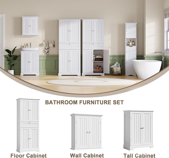 ChooChoo 72" H Tall Bathroom Floor Cabinet, Modern Bathroom Storage Cabinet with Drawer and Adjustable Shelves, Freestanding Kitchen Pantry Cupboard with 4 Doors for Living Room, White
