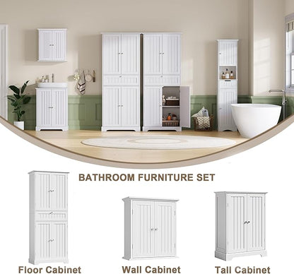 ChooChoo 72" H Tall Bathroom Floor Cabinet, Modern Bathroom Storage Cabinet with Drawer and Adjustable Shelves, Freestanding Kitchen Pantry Cupboard with 4 Doors for Living Room, White