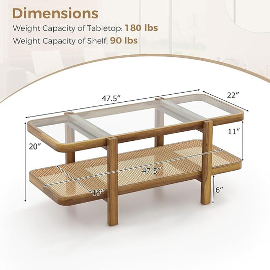 Giantex Rattan Coffee Table, 47.5" Rectangle Solid Wood Tea Table w/Tempered Glass Tabletop, Rattan Storage Shelf, 2-Tier Boho Coffee Tables, Farmhouse Center Table for Living Room (Oak)