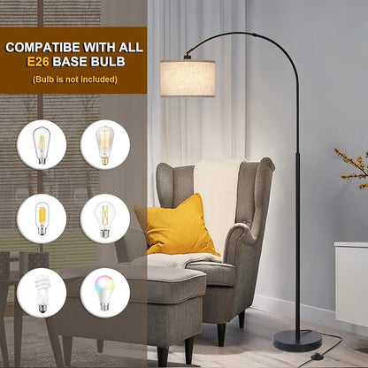 Seaside village Arc Floor Lamps for Living Room, Modern Standing Lamp with Adjustable Hanging Drum Shade, Tall Pole Lamp with Foot Switch, Over Couch Arched Reading Light for Bedroom, Office (Black)