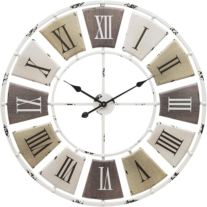 Distressed Metal Wall Clock 16 Inch, Industrial Vintage Roman Numerals, Weathered Iron Frame Farmhouse Office Cafe Decor