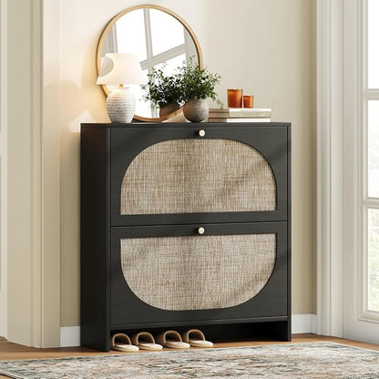 Nicetree Shoe Storage Cabinet for Entryway, Rattan Vintage Flip Shoe Rack- 2 Flip Drawers & 3-Tier Adjustable Shelves,Boho Shoe Organizer for 16-24 Pairs - Fits Size 13.5 Boots, 9.5" Ultra Slim Black