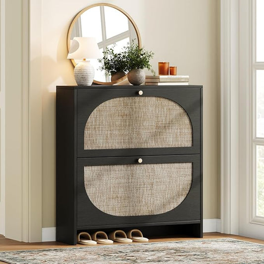 Nicetree Shoe Storage Cabinet for Entryway, Rattan Vintage Flip Shoe Rack- 2 Flip Drawers & 3-Tier Adjustable Shelves,Boho Shoe Organizer for 16-24 Pairs - Fits Size 13.5 Boots, 9.5" Ultra Slim Black