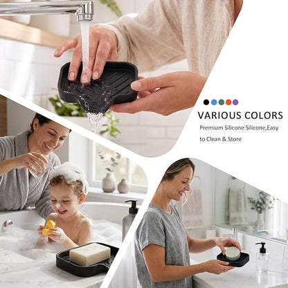 MicoYang Silicone Soap Dish with Drain Spout, Self-Draining Sink Organizer Tray for Bathroom and Kitchen, Sponges, Dispensers and Soap Holder, Non-Slip and Dishwasher Safe, Black (Compact, 4.9"×3.2")