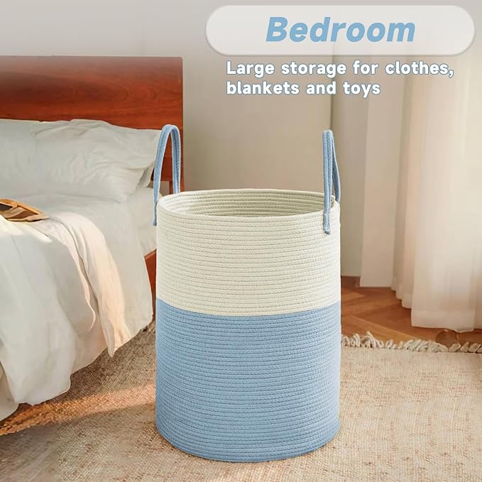 JMvicyroam Large Woven Laundry Basket Hamper,80L Cotton Rope Storage Bin for Blankets,Toys and Clothes,Decorative Tall Nursery Hamper for Living Room,Baby Nursery,Bathroom and Bedroom,White and Blue