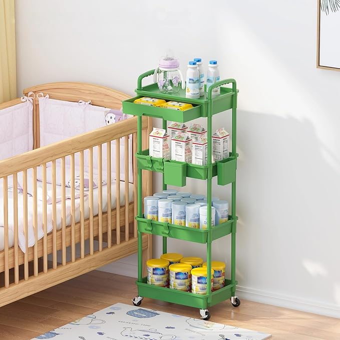 LLMRR 4 Tier Rolling Utility Cart with Drawer, Plastic Storage Organizer Rolling Carts with Wheels Handles Hanging Cups Hooks for Office, Bathroom, Kitchen,Craft Art Room (Green)