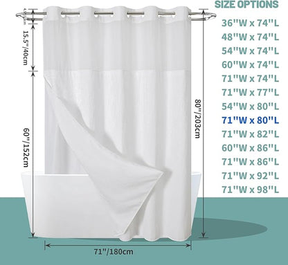 White Long No Hook Waffle Weave Shower Curtain with snap-in Liner Replacement, 230GSM Waterproof Fabric Hotel Shower Curtain Set for Bathroom, Through Mesh Top Window,71Wx80H