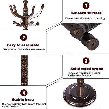 Coat Racks Free Standing with 14 Hooks, Natural Wood Coat Stands for Entryway, Adjustable Height 73 in Tree Coat Rack Stand for Hallway Home Office Bedroom (Dark Brown)