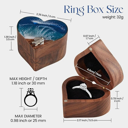 Ocean Resin Heart Engagement Ring Box, Personalized Walnut Wooden Ring Box, Birthday Gifts for Women, Ring Display box for Proposal, Wedding, Anniversary, Valentine's Day, Christmas Gifts