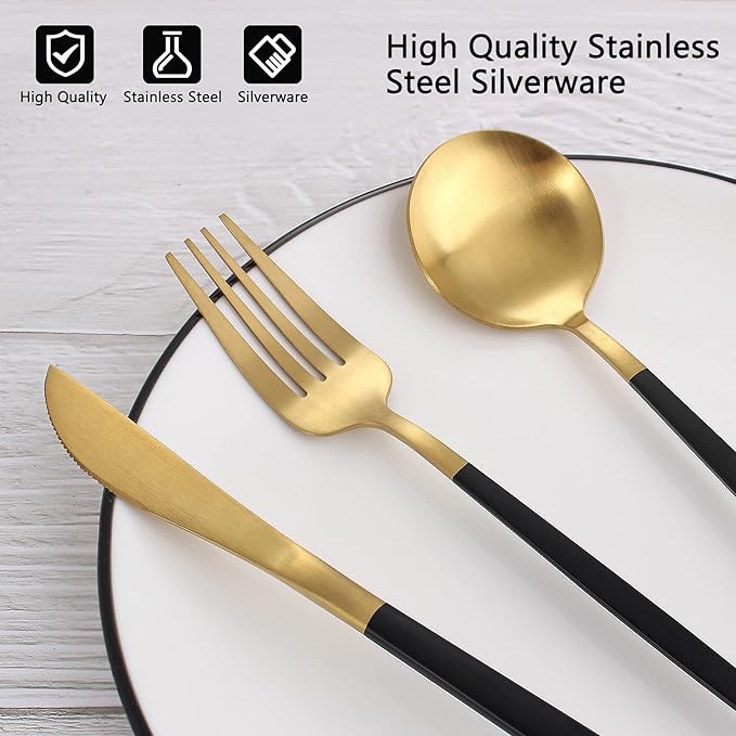 VANVRO Matte Black Gold Silverware Set, 40-Piece Stainless Steel Flatware Set, Satin Finish tableware Cutlery Set, Service for 8, Home and Restaurant, Dishwasher Safe…