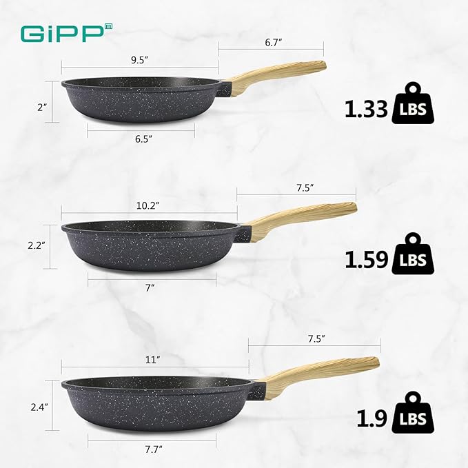GiPP Non Stick Frying Pan Set - 9.5" 10.2" 11" Ceramic Nonstick Skillets, Non Toxic, Omelette Pan with Stay Cool Handle, Induction Compatible, PFAS/PTFE/PFOA Free, Gray
