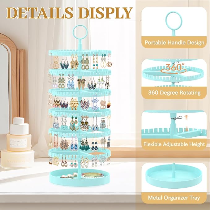 MODOWEY 6 Tier Rotating Earring Holder Organizer Display Tree with Metal Tray, Adjustable Plastic Stand with 342 Slots for Stud Hoop Hanger, Large Capacity Storage Rack for Women Space-Saving, Blue