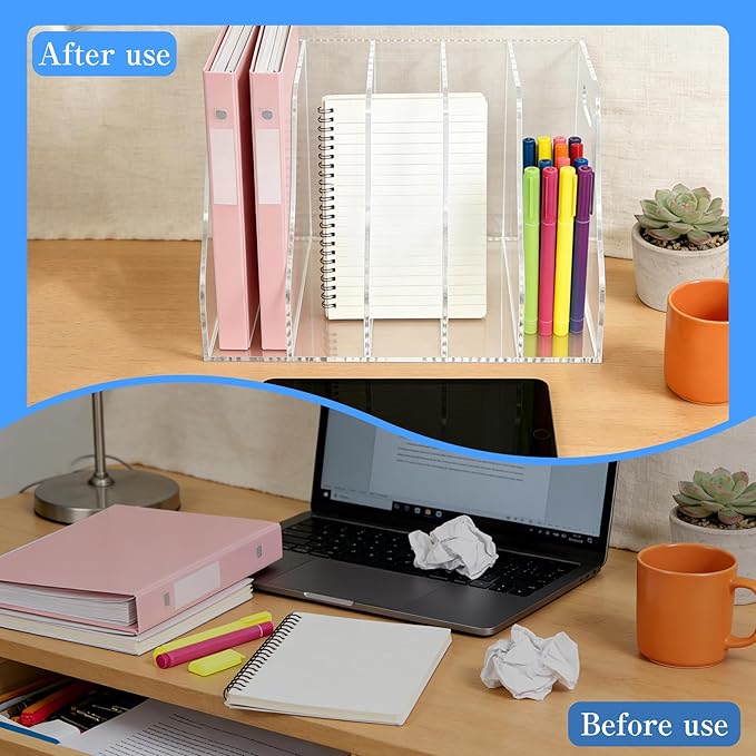 5-Tier Clear Acrylic File Holder, Vertical Document Organizer for Magazines, Binders, Notebooks & Envelopes - Multi-Purpose Desk Storage for Home Office（A4,5 Sections）