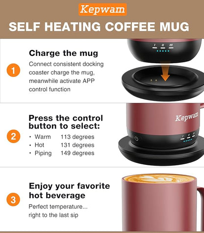 Kepwam Self-Heating Coffee Mug T1, 16oz Rechargeable Heated Coffee Mug, Smart Coffee Warmer Mug with App-Controlled,Advanced Temperature-Controlled Heating Coffee Gifts for Women Men Coffee Lover