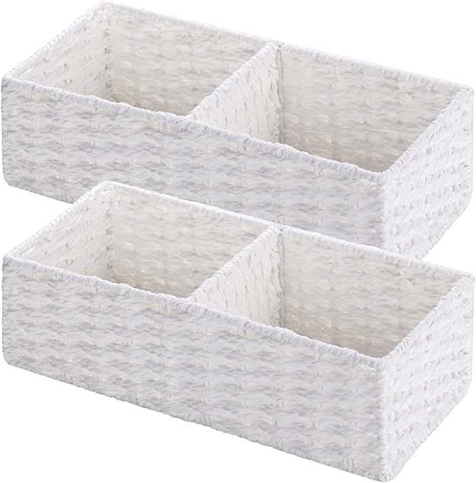 Vagusicc 2 Section Wicker Storage Basket, Wicker Baskets for Storage, Toilet Paper Basket for Toilet Tank Top, Small Wicke Baskets for Organizing Shelves, 2-Pack, White