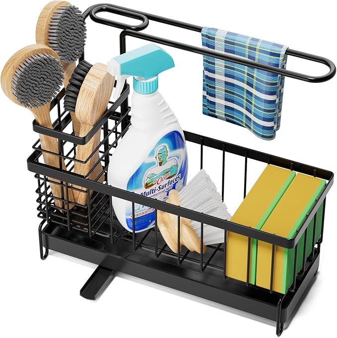 Tell Love Kitchen Sink Caddy, Sponge Holder with Towel Holder, Kitchen Holder for Sink with 360 Degree Rotating Drain, Carbon Steel Rustproof, Kitchen Sink Caddy Sponge Holder for Gadgets and Decor