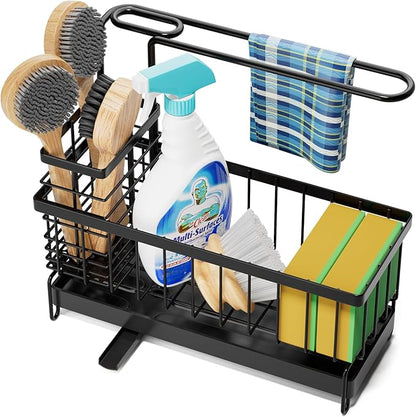 Tell Love Kitchen Sink Caddy, Sponge Holder with Towel Holder, Kitchen Holder for Sink with 360 Degree Rotating Drain, Carbon Steel Rustproof, Kitchen Sink Caddy Sponge Holder for Gadgets and Decor