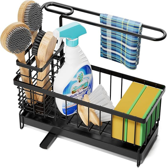 Tell Love Kitchen Sink Caddy, Sponge Holder with Towel Holder, Kitchen Holder for Sink with 360 Degree Rotating Drain, Carbon Steel Rustproof, Kitchen Sink Caddy Sponge Holder for Gadgets and Decor