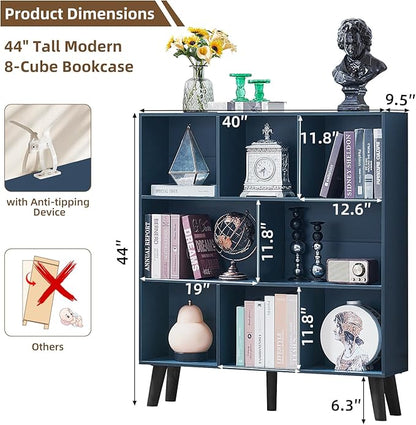 LEYAOYAO 8 Cube Bookshelf,3 Tier Bookcase with Legs,Dark Blue Mid-Century Modern Bookshelves,Large Open Storage Organizer Shelf, Wooden Book Case