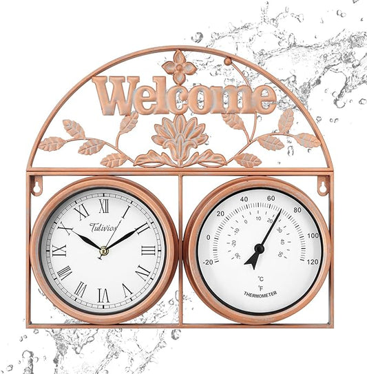 17Inch Large Outdoor Clock,Waterproof Wall Clock with Thermometer,Weatherproof Non-Ticking Quartz Battery Operated Decor Clock for Patio,Garden,Pool,Porch,House Warming Gifts