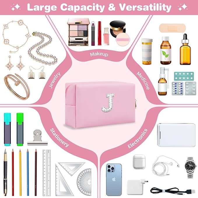 ChaoGreat Bride Gifts – Personalized Initial Makeup Bag with Pearl Rhinestone Patch, Preppy Pink Monogram Cosmetic/Toiletry Pouch, bridesmaid Gifts, Bridal Shower Gifts, Wedding Gifts, Bridal Gifts,J