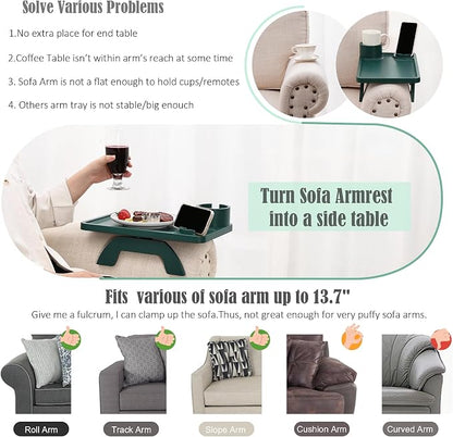 Nnewvante Couch Arm Table,3 in 1 Large 15.36"x9.85" Bamboo Sofa Arm Clip on TV Tray Table with 360°Rotated Phone/Cup Holder, Dark Green